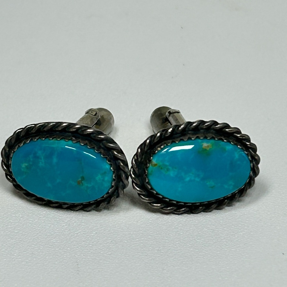 Native Sterling Silver 925 Turquoise Cufflinks VINTAGE - Picture 2 of 9